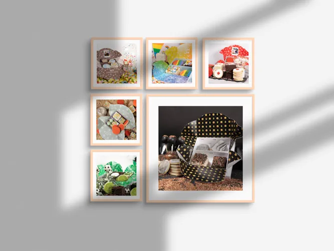 Verschiedene Themenboxen von BäckerBox in sechs Holzbilderrahmen